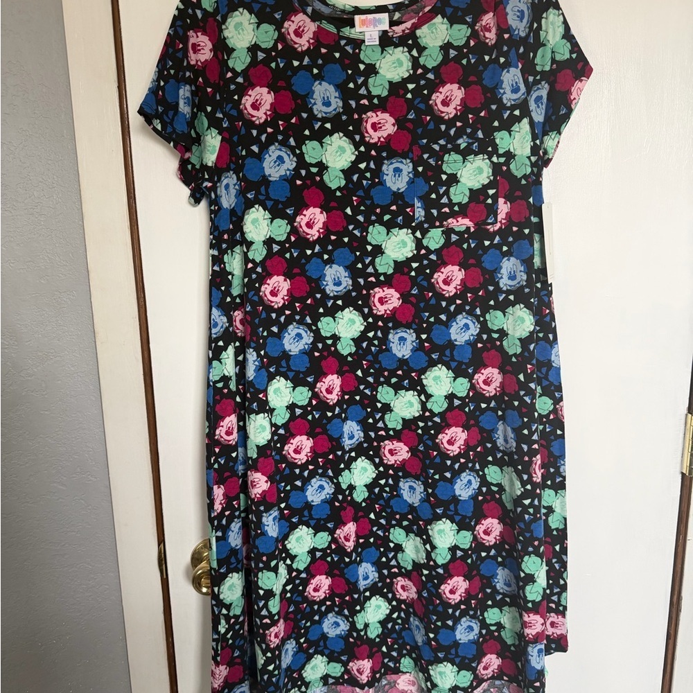 LuLaRoe Black Dress with Pink, Blue, and Green Mickey Mouse Pattern